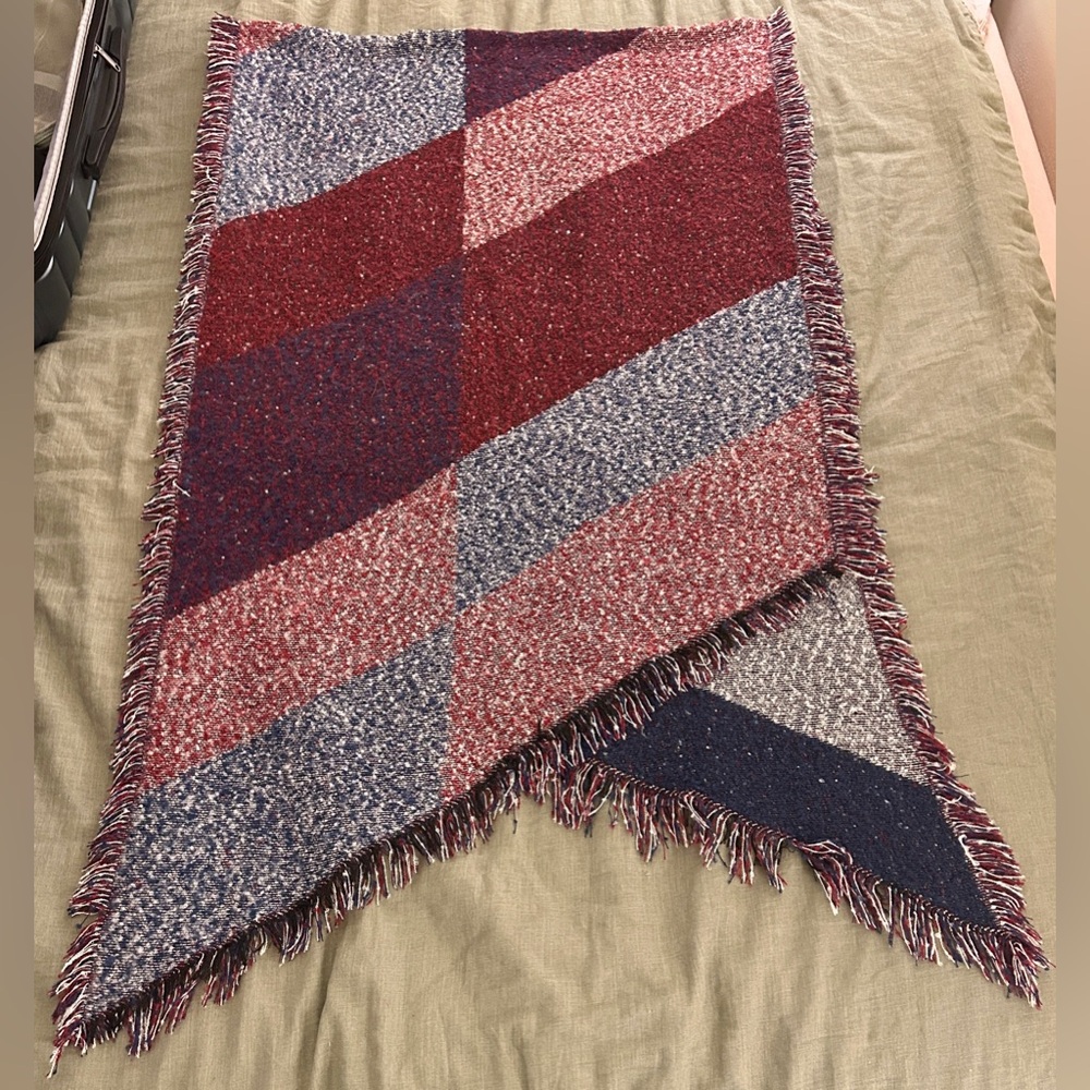 Cozy Red and Blue Knit Oversized Shawl